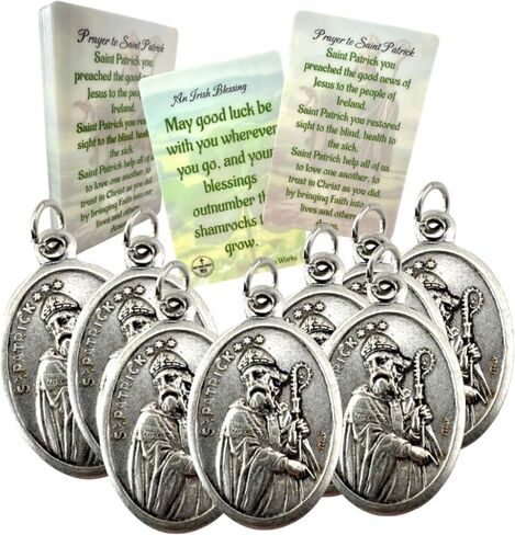 Westmon Works St Patrick Medal & Holy Card Set – Italian Metal Catholic Medals with Laminated Prayer Cards – 10 Pack – Imported from Italy, Cards Made in USA in Saudi Arabia