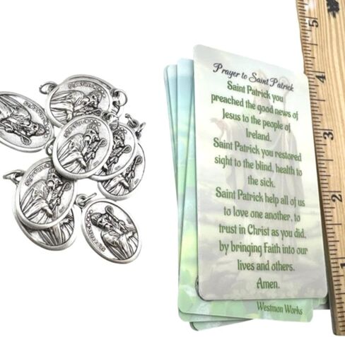 Westmon Works St Patrick Medal & Holy Card Set – Italian Metal Catholic Medals with Laminated Prayer Cards – 10 Pack – Imported from Italy, Cards Made in USA in Saudi Arabia