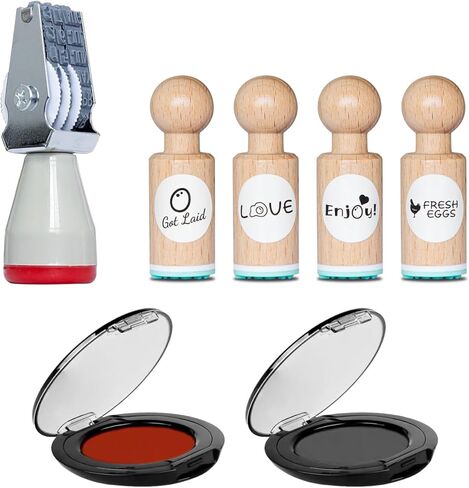 مجموعة طوابع تاريخ البيض (4 قطع طوابع بيض صغيرة + تاريخ بيض + وسادات حبر سريعة الجفاف باللون الأسود/الأحمر) - قلم تحديد بيض بنص شفاف، ختم بيض للبيض الطازج، طوابع تاريخ بيض للدجاج in Kuwait