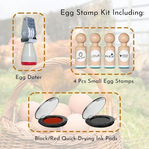 مجموعة طوابع تاريخ البيض (4 قطع طوابع بيض صغيرة + تاريخ بيض + وسادات حبر سريعة الجفاف باللون الأسود/الأحمر) - قلم تحديد بيض بنص شفاف، ختم بيض للبيض الطازج، طوابع تاريخ بيض للدجاج in Kuwait