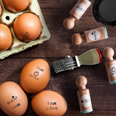 مجموعة طوابع تاريخ البيض (4 قطع طوابع بيض صغيرة + تاريخ بيض + وسادات حبر سريعة الجفاف باللون الأسود/الأحمر) - قلم تحديد بيض بنص شفاف، ختم بيض للبيض الطازج، طوابع تاريخ بيض للدجاج in Kuwait