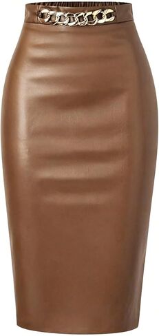 Women's Office Camel Brown Pencil Skirt - Leather Gold Chain High-Waisted Fitted Midi Party Fashion Skirt in Saudi Arabia