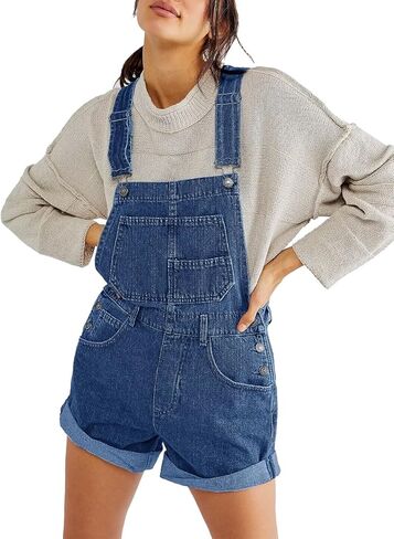 Women's Casual Denim Overall Shorts Loose Adjustable Straps Baggy Jeans Shortalls Rompers Pants in Saudi Arabia