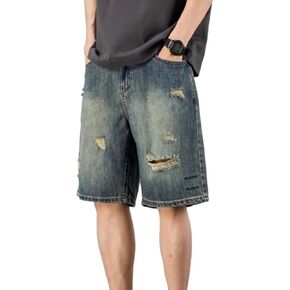 شورت جينز فضفاض للرجال ممزق مستقيم الساق فضفاض مناسب للصيف عتيق من قماش الدنيم in Kuwait