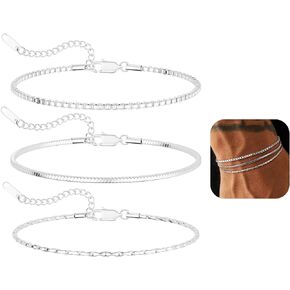 مجموعة أساور فضية للرجال، 3 قطع أساور سلسلة من الفولاذ المقاوم للصدأ للرجال، أساور فضية رفيعة قابلة للتعديل، مجموعة مجوهرات للرجال، أساور للرجال، هدية له in Kuwait