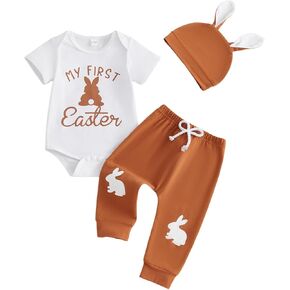 Karuedoo Newborn Baby Boy Easter Outfit Snuggle Bunny Romper Onesie Pompom Tail Long Pants with Hat 3Pcs Easter Clothes Set in Kuwait