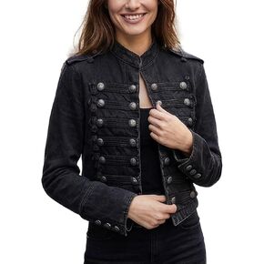 Women's Military Denim Jacket Steampunk Jean Jacket Stand Collar Vintage Gothic Coat Double Breasted Jean Jacket in Saudi Arabia