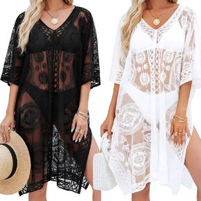 Patelai 2 Pcs Black White Lace Beach Cover up for Women Bathing Suit Cover up V-neck Summer Swimsuit Bikini Coverup for Poolside, Seaside and Party in Saudi Arabia