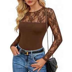 Lace Long Sleeve Bodysuit for Women Crew Neck Body Suits Slimming Going Out Concert Tops Fall Outfits in Saudi Arabia