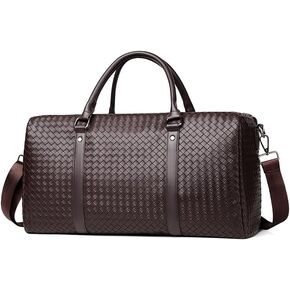 حقيبة سفر من القماش الخشن بنمط مضفر من الجلد، حقيبة ليلية لعطلة نهاية الأسبوع مصنوعة من الجلد المقاوم للماء، حقيبة سفر، مع أشرطة كتف، حقيبة من القماش الخشن، بني، حقيبة سفر (بني) in Kuwait