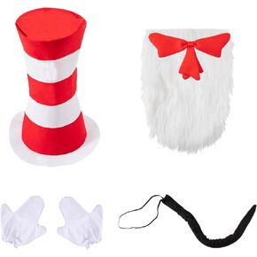 Cat Hat Costume for Adult Red White Striped Top Hat Furry Red Bow Tie White Gloves Cosplay Halloween Accessory Set in Kuwait