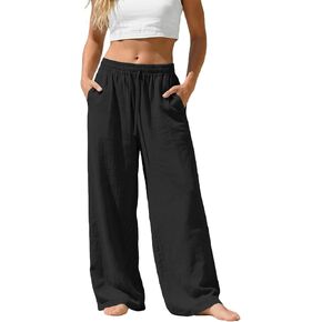 Wide Leg Linen Pants for Women Summer Drawstring Elastic Waist Flowy Lounge Pant Loose Fit Dressy Trousers with Pockets in Saudi Arabia