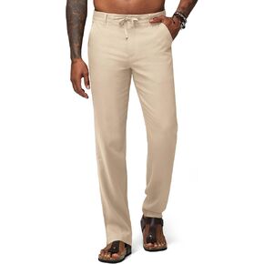 بنطلون كتان رجالي كاجوال من الكتان مع رباط وجيوب، بنطلون خفيف الوزن مستقيم الساق 30 بوصة 32 بوصة in Kuwait