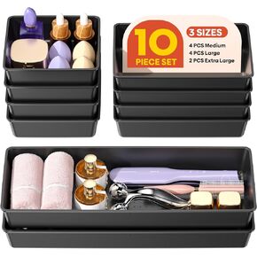 10 Pack Large Size Plastic Drawer Organizers Set, 3 Sizes Desk Drawer Organizer Trays, Storage Bins for Vanity, Makeup, Bathroom, Kitchen Utensils and Office (Black) in Saudi Arabia