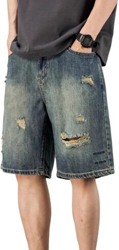 شورت جينز فضفاض للرجال ممزق مستقيم الساق فضفاض مناسب للصيف عتيق من قماش الدنيم in Kuwait