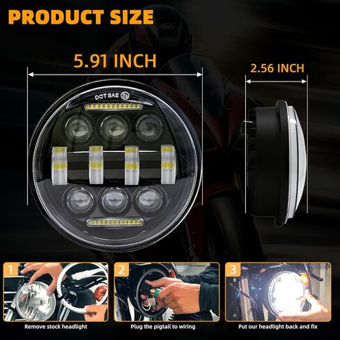 المصابيح الأمامية تناسب Honda Magna 750 Shadow Spirit VT 1100,5.75 بوصة مستديرة 6000K Hi/Lo Beam White/Amber DRL، IP68 مقاومة للماء، التوصيل والتشغيل، معتمدة من DOT in Kuwait