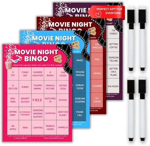 XOXO Parents Movie Night Bingo Cards - لعبة ممتعة للبالغين والأطفال | 4 بطاقات بنغو قابلة لإعادة الاستخدام مع أقلام تحديد قابلة للمسح الجاف | هدايا لعشاق الأفلام، وأفكار ليلة الألعاب العائلية، والسحب وجمع التبرعات in Kuwait