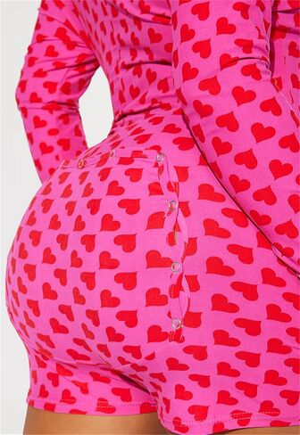 Thopavenoir نساء عيد الحب رومبير قطعة واحدة بيجامة كم طويل الخامس الرقبة القلب ثوب بودي كون Galentine حفلة Pjs in Kuwait