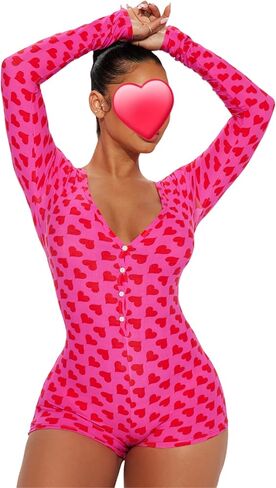Thopavenoir نساء عيد الحب رومبير قطعة واحدة بيجامة كم طويل الخامس الرقبة القلب ثوب بودي كون Galentine حفلة Pjs in Kuwait