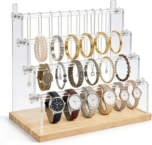 4-Tier Bracelet Holder Stand with Wood Base, Acrylic Jewelry Organizer & Display for Necklaces, Bangles, Watches, Multi-Functional Jewelry Storage for Home and Store Display in Kuwait