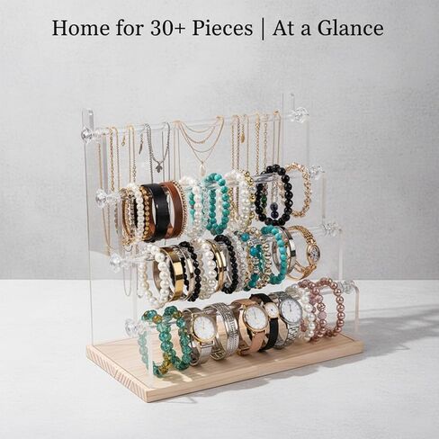 4-Tier Bracelet Holder Stand with Wood Base, Acrylic Jewelry Organizer & Display for Necklaces, Bangles, Watches, Multi-Functional Jewelry Storage for Home and Store Display in Kuwait