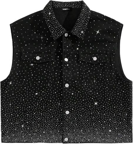 Vamtac Mens Rhinestone Denim Vest Sleeveless Jean Jacket, Black Sparkly Studded Vest for Streetwear, Party & Festival in Saudi Arabia