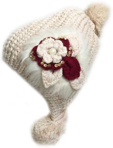 Faux Fur Flower Floral Accent Pom Pom Knit Beanie Hat Cap Soft Warm in Saudi Arabia