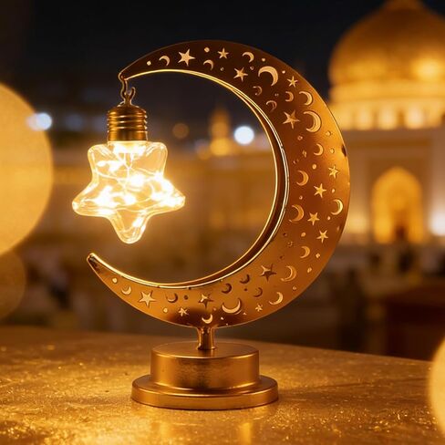 ديكورات رمضان من ديكوري، مصباح القمر، ضوء القمر لديكورات رمضان في الداخل والخارج، مصباح نجمة القمر مع لمبة LED ومؤقت ديكور طاولة للمغاربة، ديكور منزلي للعيد، هدايا in Kuwait