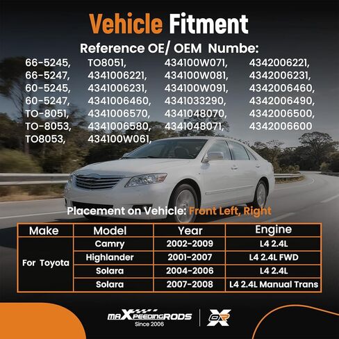 زوج maXpeedingrods (2) مجموعة عمود المحور الأمامي لسيارة Toyota Camry 2002-2009، Highlander FWD 2001-2007، Solara 2004-2008، L4 2.4L، جانب السائق والراكب 66-5245، 66-5247 in Kuwait