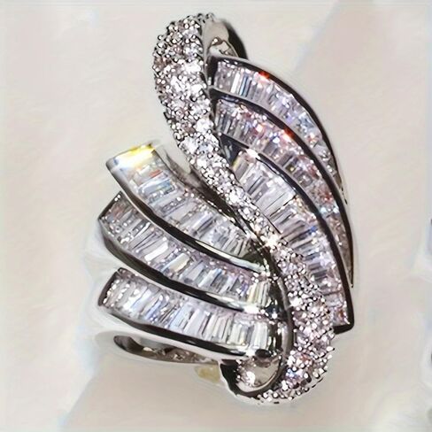 White Gold Plated Three Rows Of Sparkling Cubic Zirconia Irregular Design Statement Ring Personalized Accessory Ideal for Women's Daily Casual Wear Party Holiday Anniversary Love Jewelry Gift in Saudi Arabia