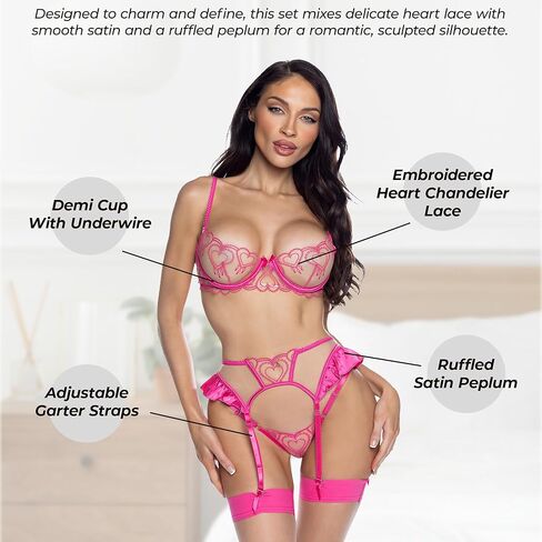 Sexy Garter Belt Lingerie Set, Roma Queen Of Heart Strappy 3 Piece Mesh & Lace Bra and Panties Lingerie Garter Set in Saudi Arabia