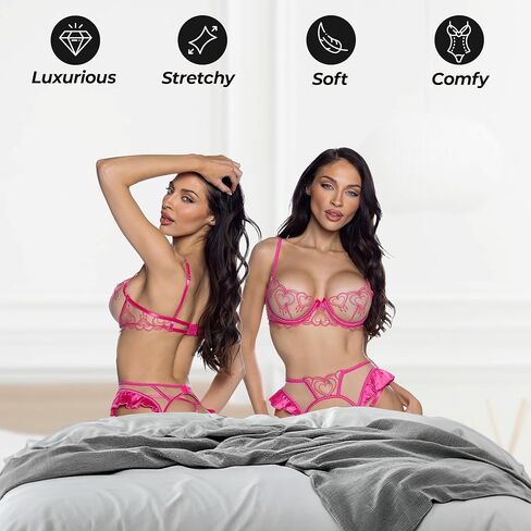 Sexy Garter Belt Lingerie Set, Roma Queen Of Heart Strappy 3 Piece Mesh & Lace Bra and Panties Lingerie Garter Set in Saudi Arabia