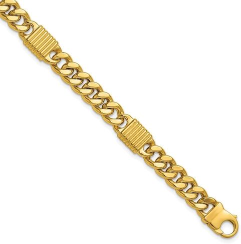 14K Yellow Gold Polished Grooved Fancy Curb Link Station Men's Bracelet 8.25" in Saudi Arabia