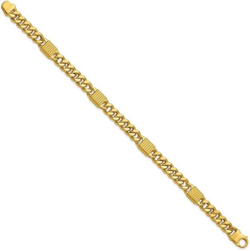 14K Yellow Gold Polished Grooved Fancy Curb Link Station Men's Bracelet 8.25" in Saudi Arabia