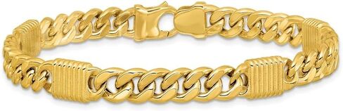 14K Yellow Gold Polished Grooved Fancy Curb Link Station Men's Bracelet 8.25" in Saudi Arabia