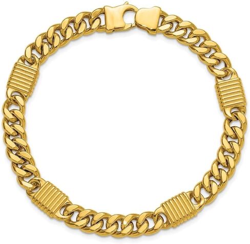14K Yellow Gold Polished Grooved Fancy Curb Link Station Men's Bracelet 8.25" in Saudi Arabia