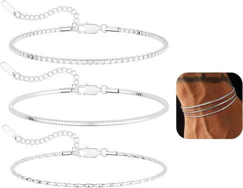 مجموعة أساور فضية للرجال، 3 قطع أساور سلسلة من الفولاذ المقاوم للصدأ للرجال، أساور فضية رفيعة قابلة للتعديل، مجموعة مجوهرات للرجال، أساور للرجال، هدية له in Kuwait