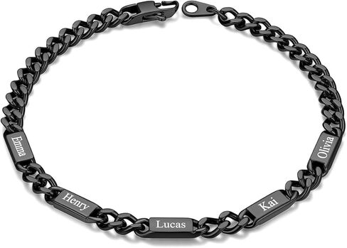 Custom4U سوار الارتباط الكوبي المخصص للرجال، عرض 5 مم / 7 مم / 9 مم 1-6 أسماء محفورة من الفولاذ المقاوم للصدأ سلسلة مخصصة من الفضة سوار مجوهرات هدايا للرجال والنساء والأم والأب والزوج والأب in Kuwait