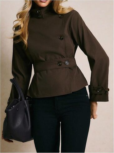 GORGLITTER Women's Cropped Trench Coat Oversized Button Down Collared Short Jacket Spring Casual Work Outerwear in Saudi Arabia