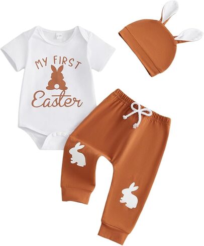 Karuedoo Newborn Baby Boy Easter Outfit Snuggle Bunny Romper Onesie Pompom Tail Long Pants with Hat 3Pcs Easter Clothes Set in Kuwait
