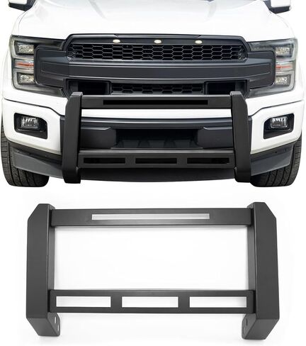 IKON MOTORSPORTS Bull Bar مع شريط إضاءة LED، متوافق مع 2015-2026 Ford F-150 F150، فرشاة مصد أمامي من الألومنيوم الصلب الأسود المزخرف بفرشاة دفع مصبغة مع دعامة تثبيت لوحة الترخيص in Kuwait