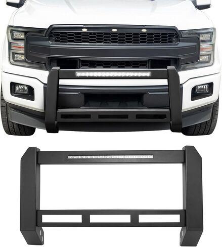 IKON MOTORSPORTS Bull Bar مع شريط إضاءة LED، متوافق مع 2015-2026 Ford F-150 F150، فرشاة مصد أمامي من الألومنيوم الصلب الأسود المزخرف بفرشاة دفع مصبغة مع دعامة تثبيت لوحة الترخيص in Kuwait