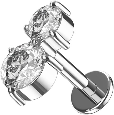 G23 Grade Titanium Twin Round Cz Stone Design Push Fit Top 16 Gauge, 18 Gauge - 6mm, 7mm, 8mm, 9mm, 10mm Length Flat Back Lip Labret Stud - Tragus Earring - Cartilage, Helix - Tragus Piercing Jewelry in Saudi Arabia