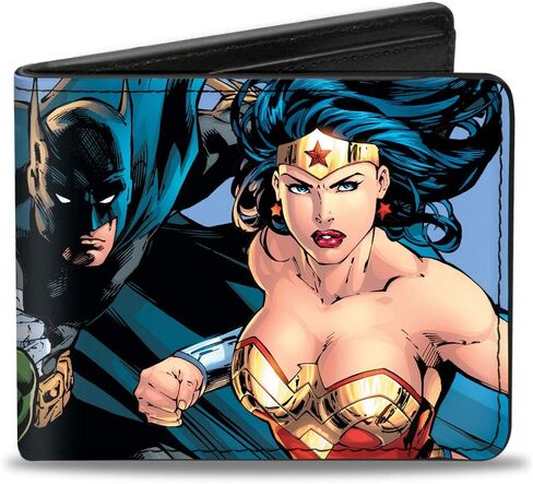 محفظة Buckle-Down الرجالية DC Comics، ثنائية الطي، Justice League New 52 Superhero Group Action Poses أزرق سماوي، جلد نباتي، 4.0 بوصة × 3.5 بوصة in Saudi Arabia