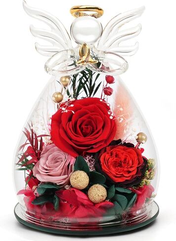 Womens Day for Mom Women, Preserved Rose in Glass Angel Figurines, Real Fresh Flowers Delivery Birthday Anniversary Grandma Wife Her from Daughter in Saudi Arabia