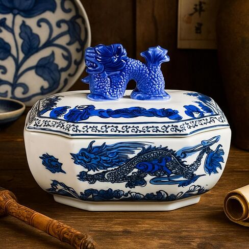 Blue and White Ceramic Porcelain Jar with Dragon Button Lid Rectangle Canister Container for Candy Sugar Tea Cookie Classic Handcrafted Chinoiserie Bowl Pottery Gift Decoration in Saudi Arabia