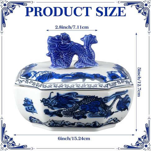 Blue and White Ceramic Porcelain Jar with Dragon Button Lid Rectangle Canister Container for Candy Sugar Tea Cookie Classic Handcrafted Chinoiserie Bowl Pottery Gift Decoration in Saudi Arabia