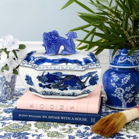 Blue and White Ceramic Porcelain Jar with Dragon Button Lid Rectangle Canister Container for Candy Sugar Tea Cookie Classic Handcrafted Chinoiserie Bowl Pottery Gift Decoration in Saudi Arabia