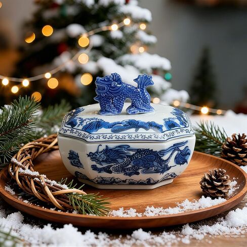 Blue and White Ceramic Porcelain Jar with Dragon Button Lid Rectangle Canister Container for Candy Sugar Tea Cookie Classic Handcrafted Chinoiserie Bowl Pottery Gift Decoration in Saudi Arabia