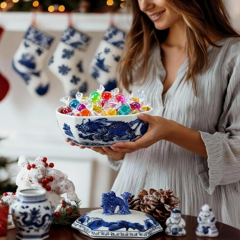 Blue and White Ceramic Porcelain Jar with Dragon Button Lid Rectangle Canister Container for Candy Sugar Tea Cookie Classic Handcrafted Chinoiserie Bowl Pottery Gift Decoration in Saudi Arabia